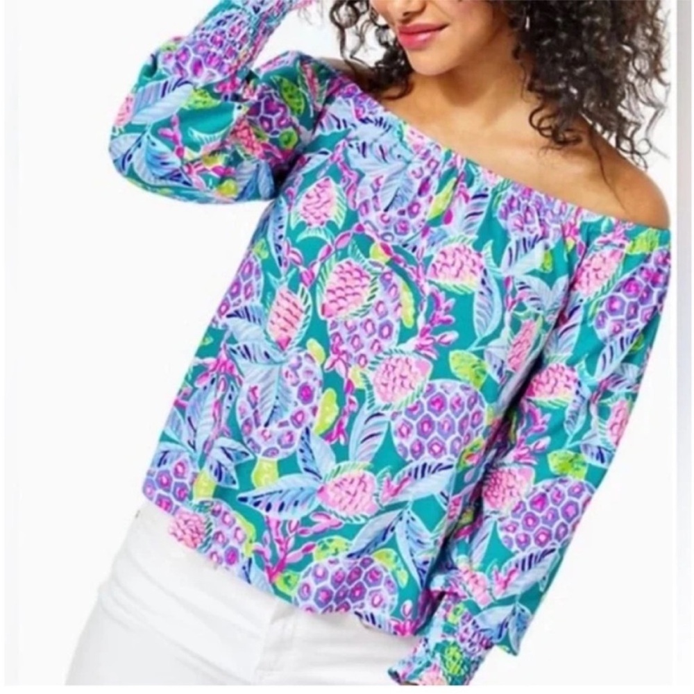 Lilly Pulitzer Blue and Pink Floral Off-Shoulder Blouse